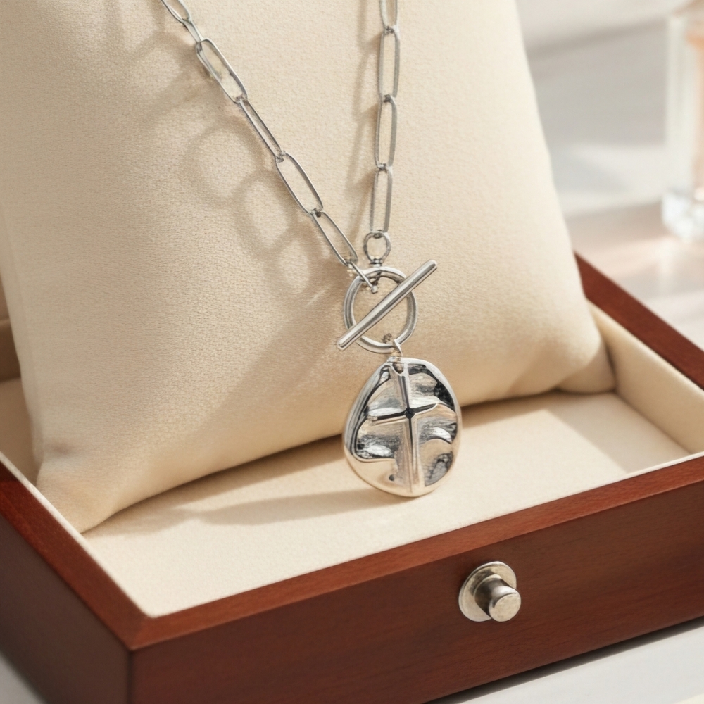 Paperclip Chain Necklace with Hammered Cross Pendant